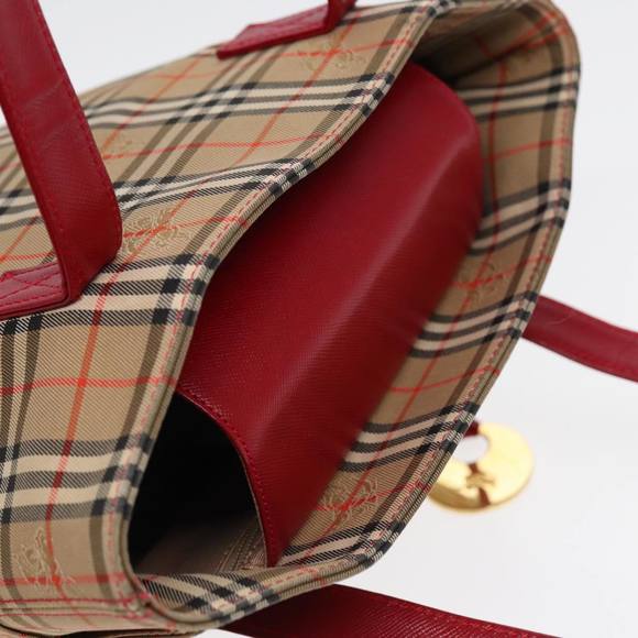 BURBERRY Nova Check Tote Bag Canvas Leather Beige Gold Red Auth 86159 - Picture 6 of 16